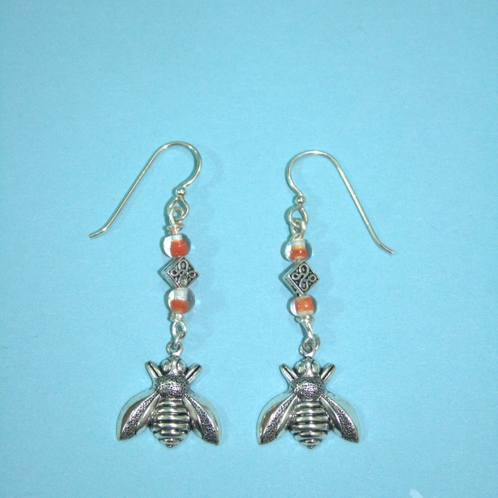 Handmade dangle earrings with bee charm